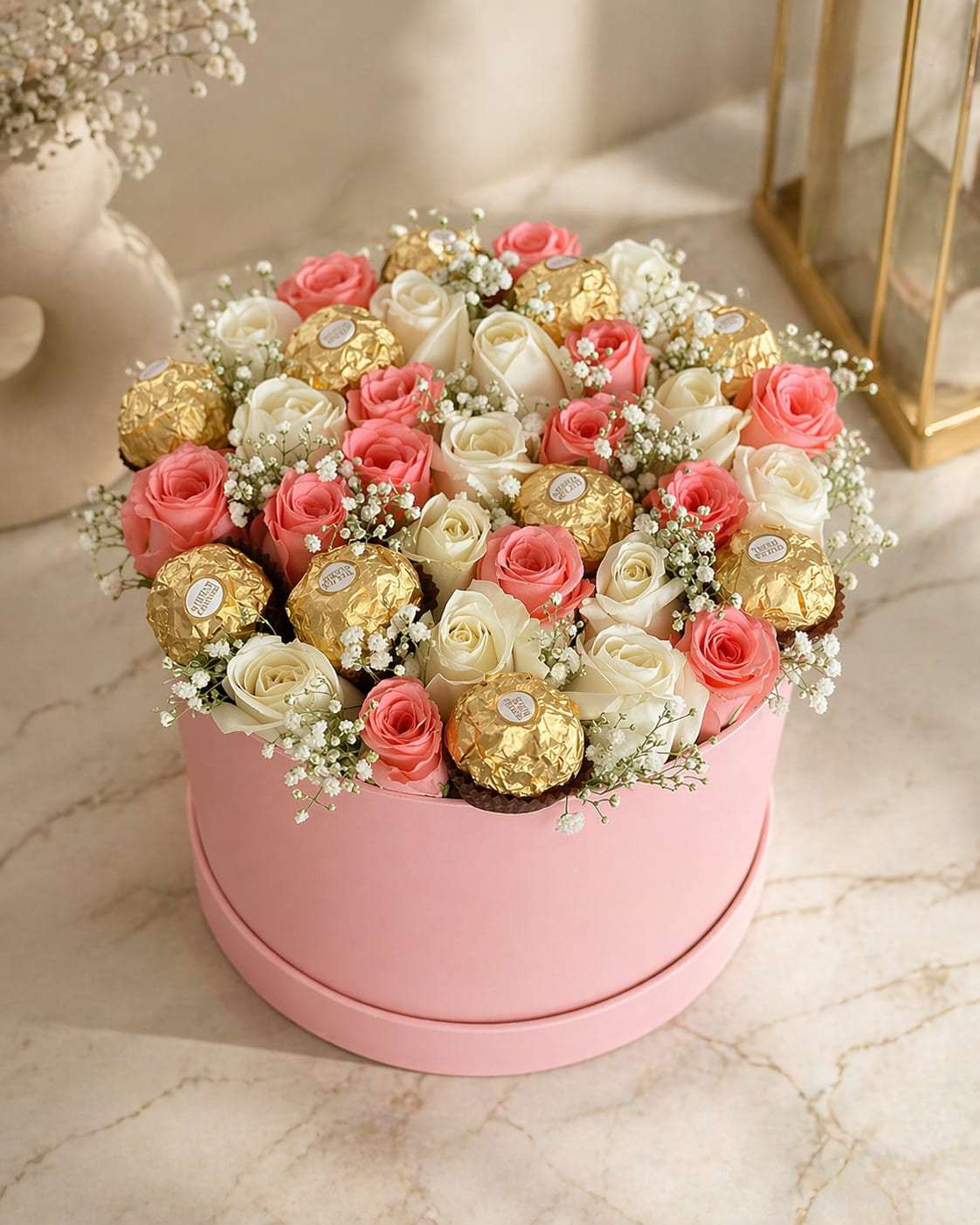 Luxury pink gift box with roses and Ferrero Rocher chocolates for delivery in Rabat Morocco