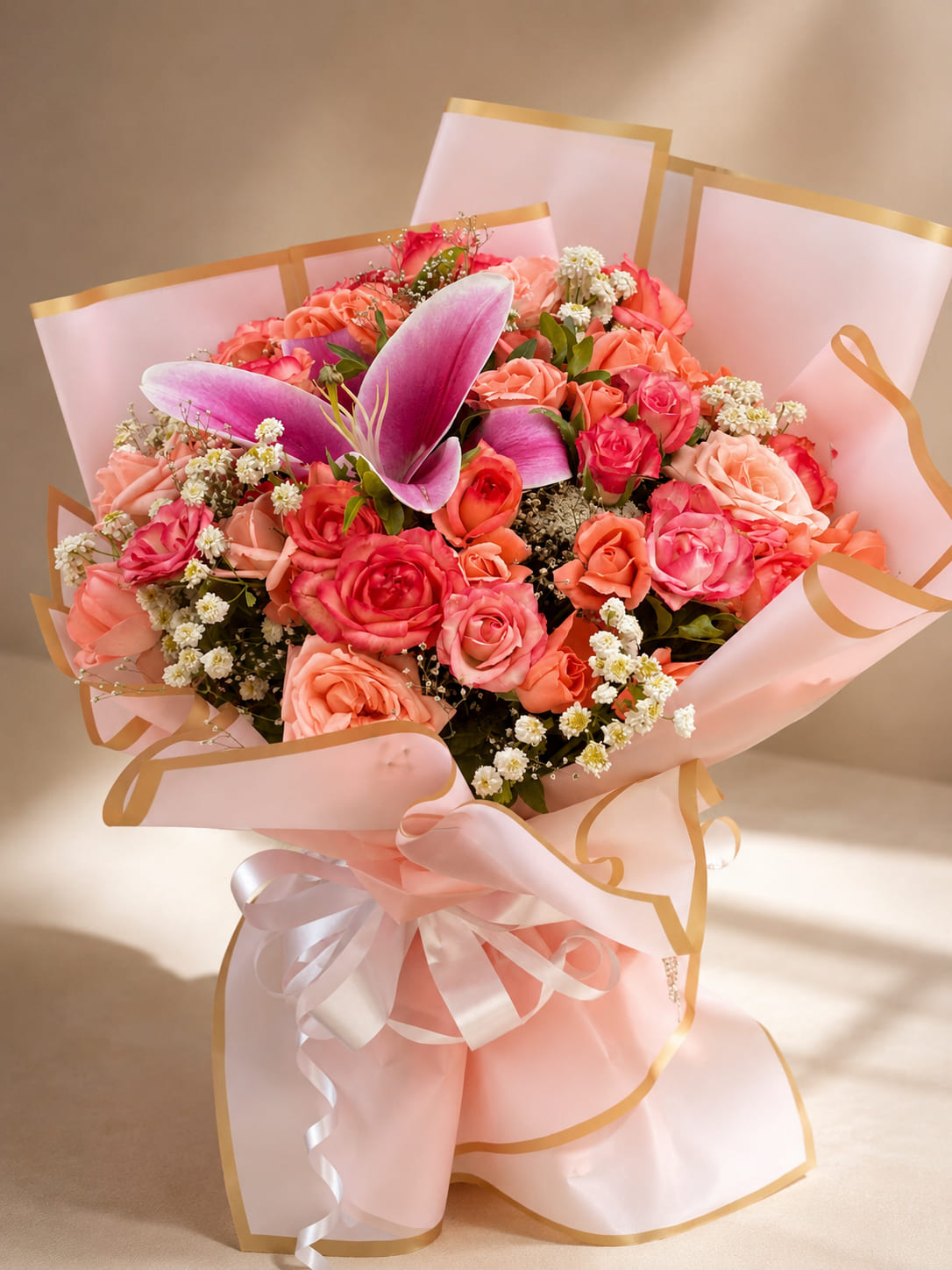 Floréa coral rose and pink lily bouquet delivery in Rabat