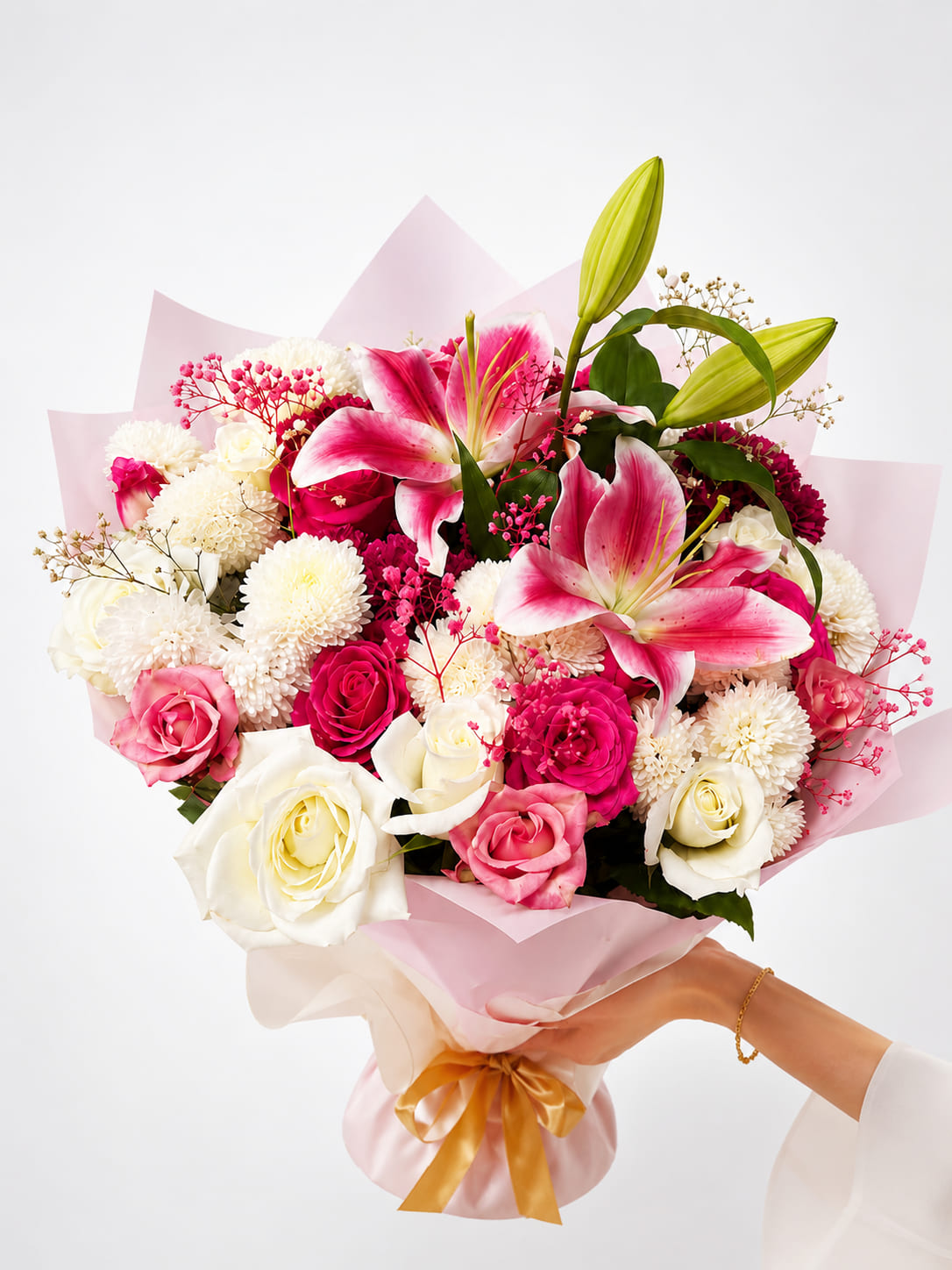 Stargazer lily and rose bouquet with white chrysanthemums for delivery in Morocco