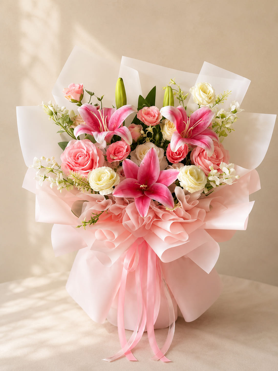 Luxury pink lily and rose bouquet delivered in Rabat Morocco
