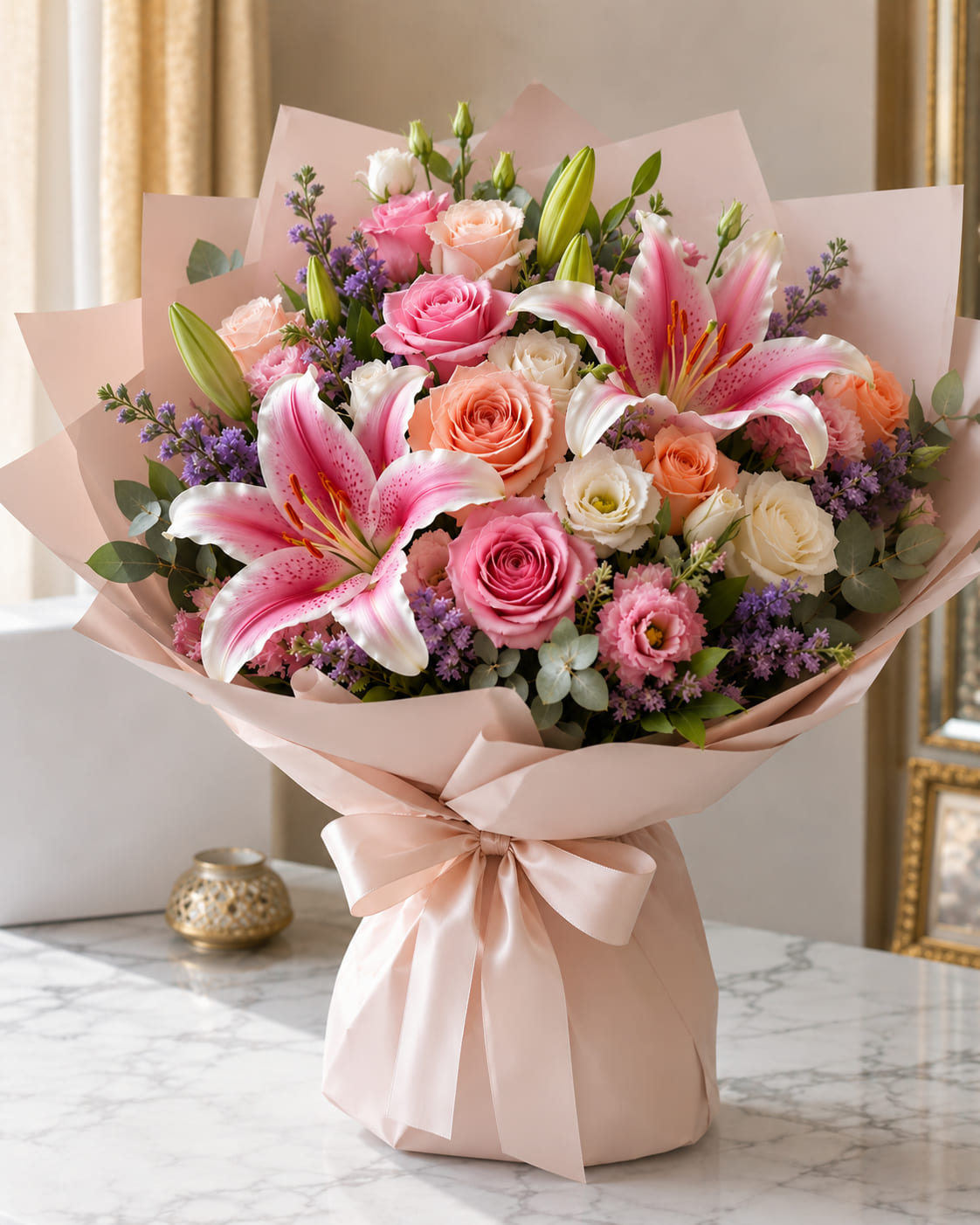 Luxury mixed birthday bouquet with roses and lilies for delivery in Morocco