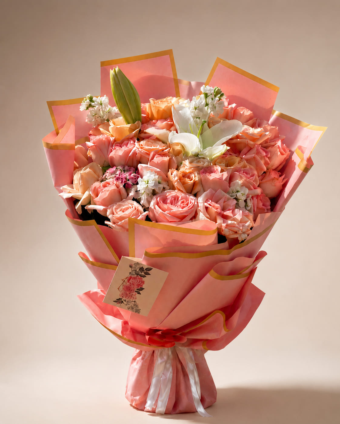 Luxury peach rose and lily bouquet in pink gold wrapping for delivery in Rabat Morocco