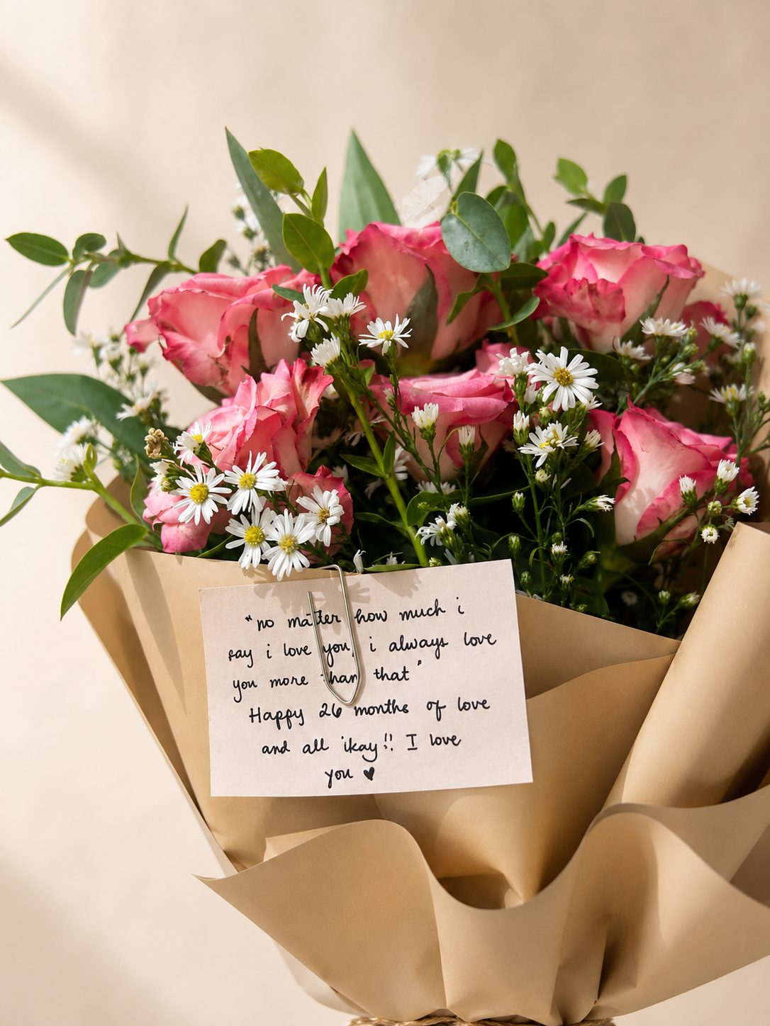 Romantic bouquet with handwritten note card for delivery in Rabat Morocco